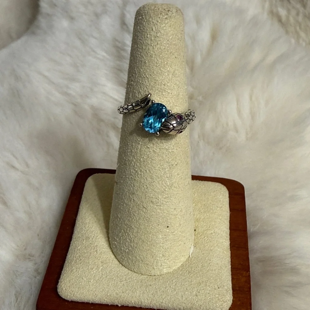 Sterling Silver Blue Topaz Snake Ring, Adjustable - Picture 3 of 9